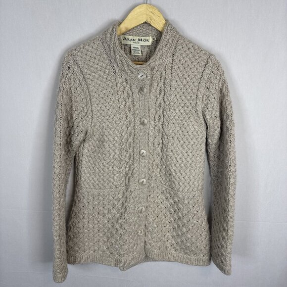 Aran Mor Ireland 100% Merino Wool Cable Knit Cardigan Sweater Women’s M Beige - Picture 1 of 6